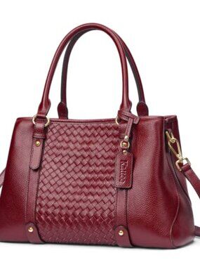 Genuine Leather Satchel Handbag Top Handle Crossbody Purse Woven Shoulder Bag